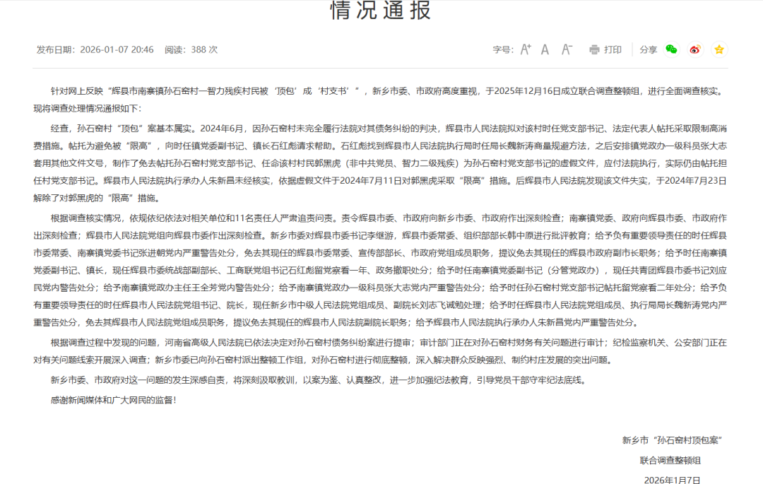 官方通报“河南新乡辉县一智力缺陷者被任命为村支书”：对11名责任人严肃追责问责